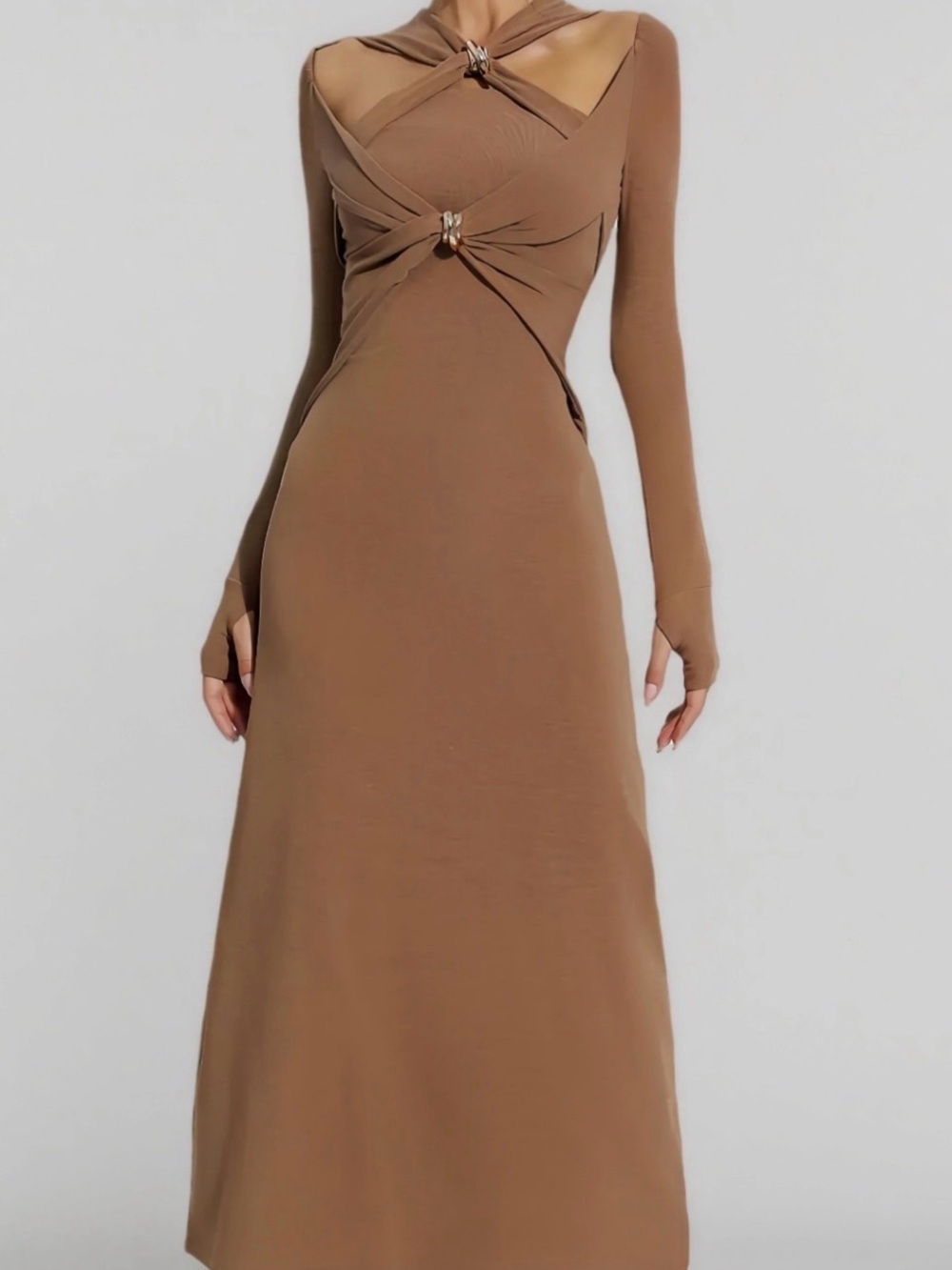 NWT Catchall Brown Long Sleeve Twist-Detail Maxi Dress.